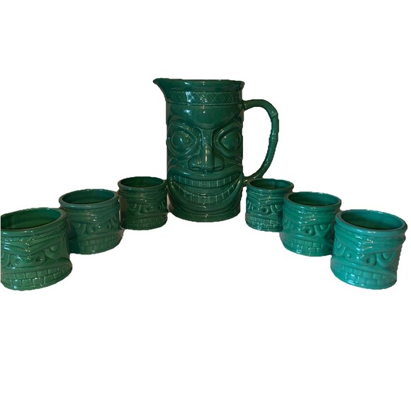Vintage Tiki Teal Green Ceramic Pottery Pitcher with 6 Matching Glasses Set - Picture 4 of 8